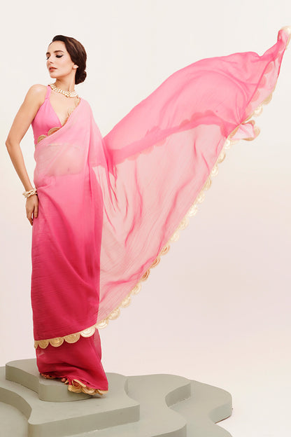 Pink Sequinned Chiffon Saree With Blouse