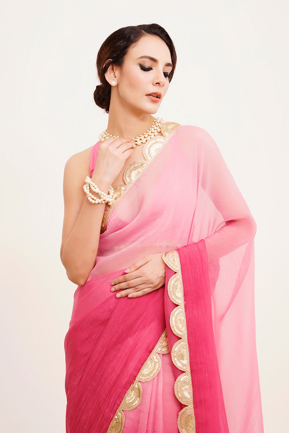 Pink Sequinned Chiffon Saree With Blouse