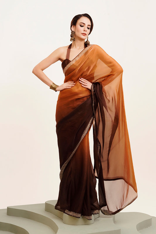 Brown Beads And Stones Chiffon Saree With Blouse