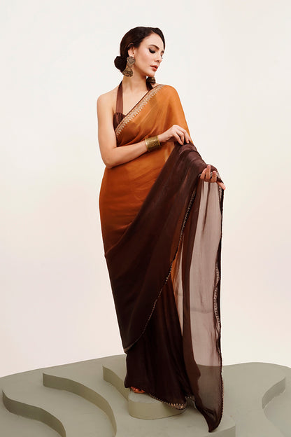 Brown Beads And Stones Chiffon Saree With Blouse