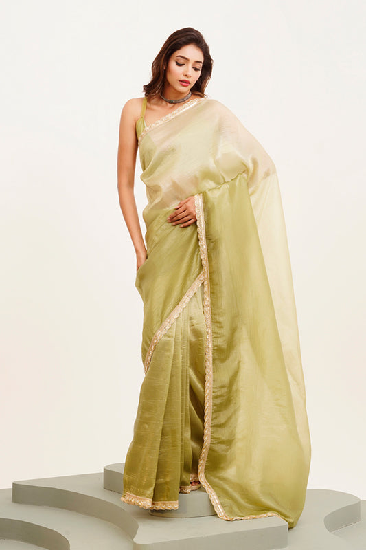 Green Sequinned Chiffon Saree With Blouse
