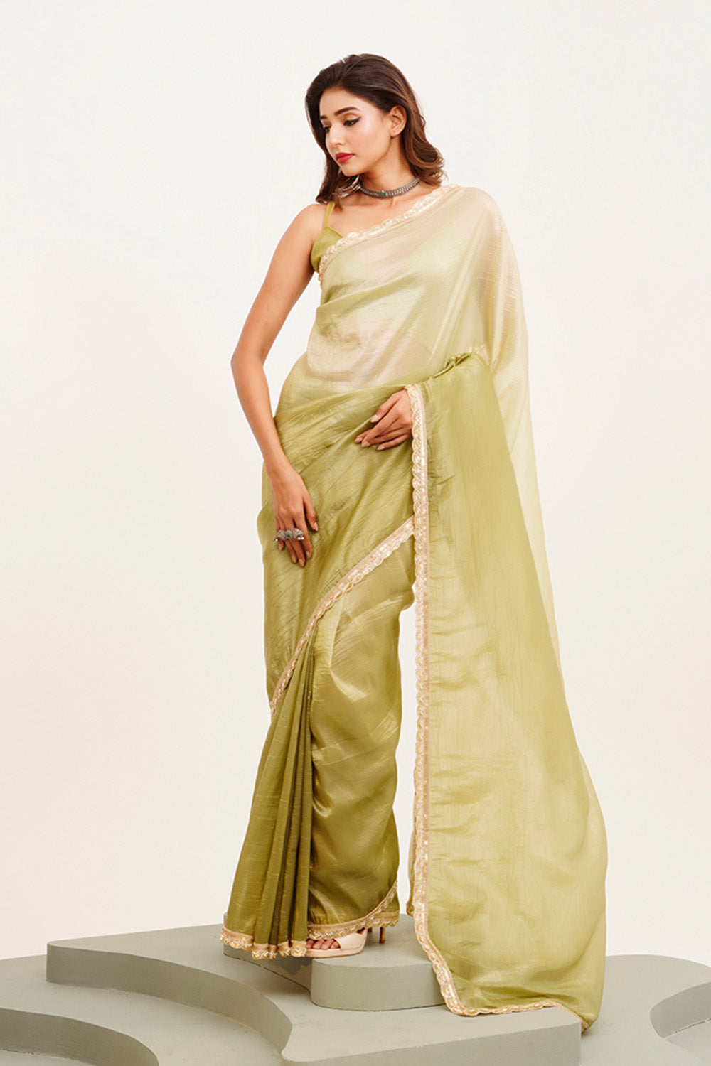 Green Sequinned Chiffon Saree With Blouse