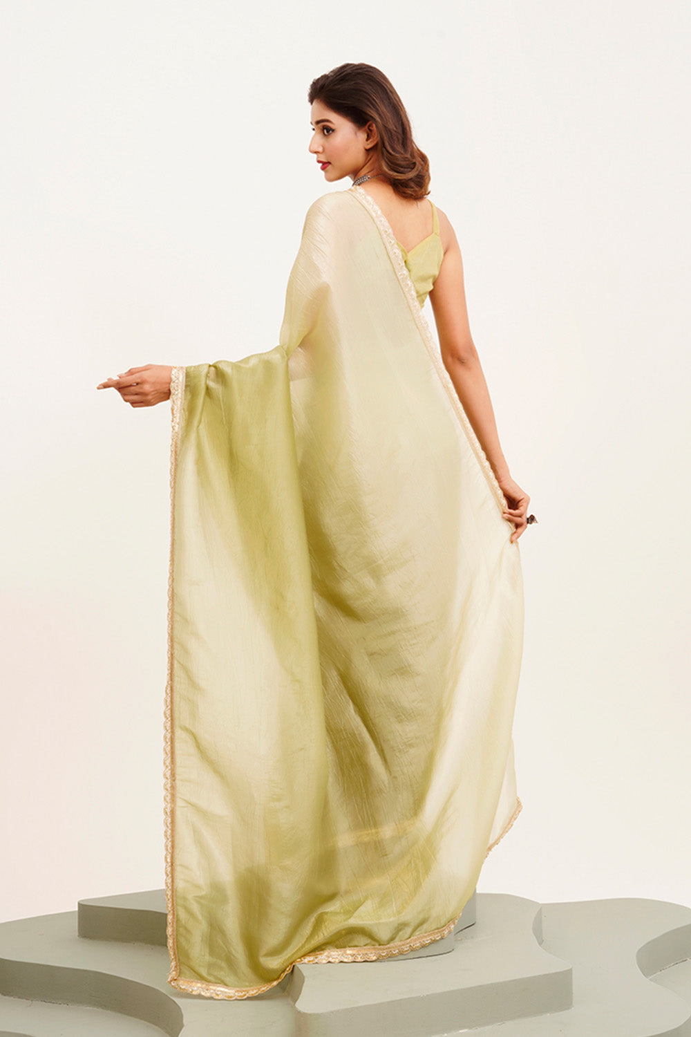 Green Sequinned Chiffon Saree With Blouse