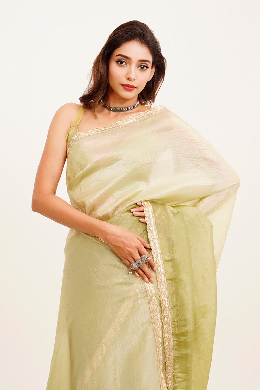 Green Sequinned Chiffon Saree With Blouse