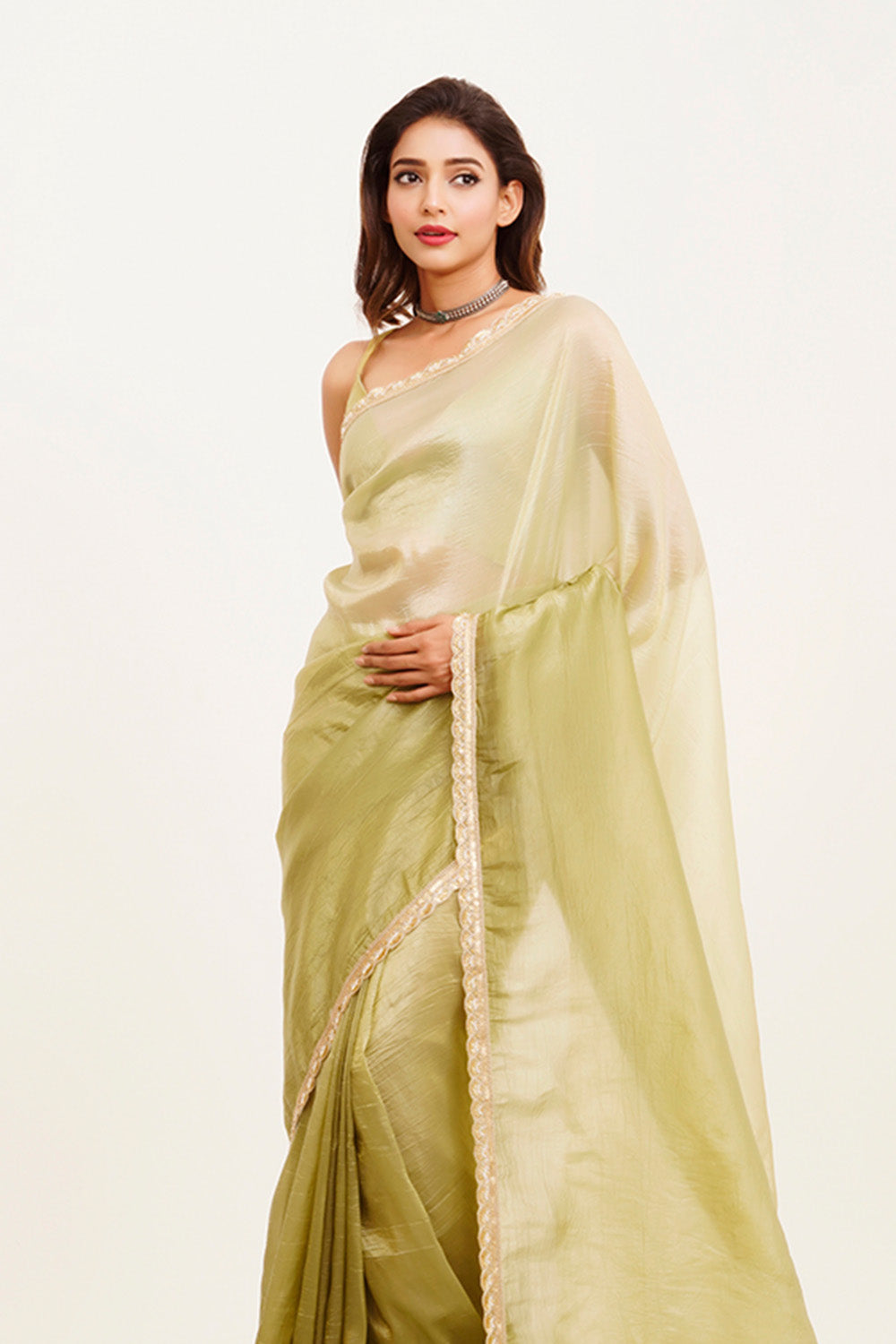 Green Sequinned Chiffon Saree With Blouse