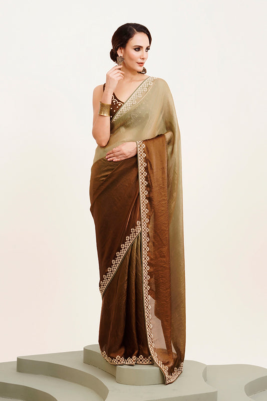 Green Beads And Stones Satin Saree With Blouse
