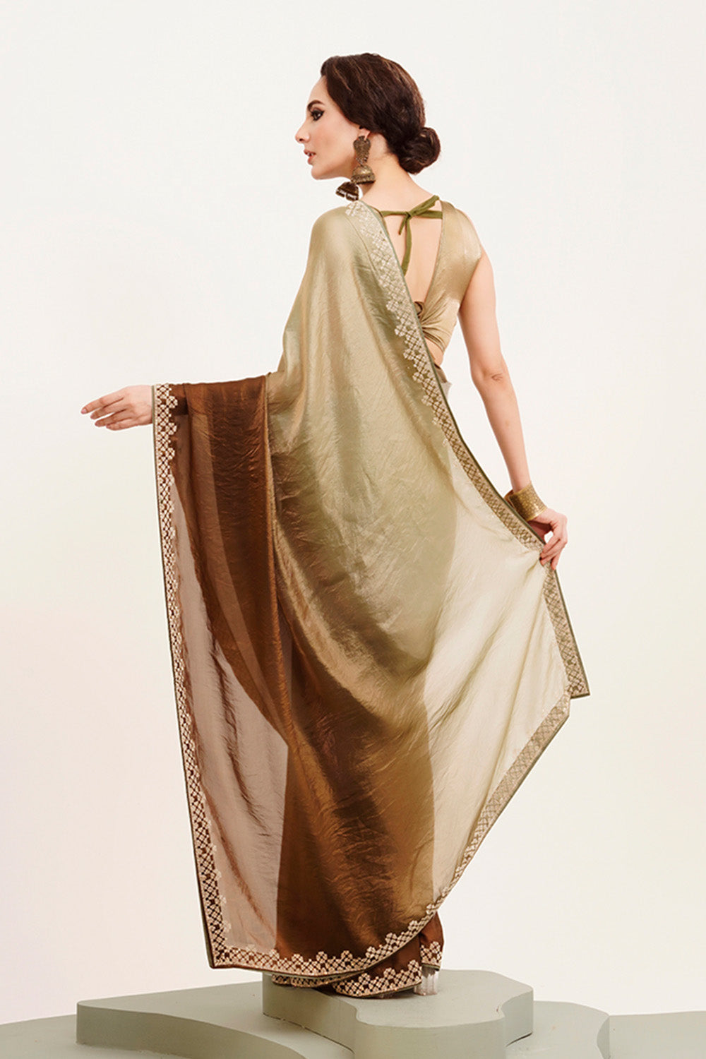 Green Beads And Stones Satin Saree With Blouse