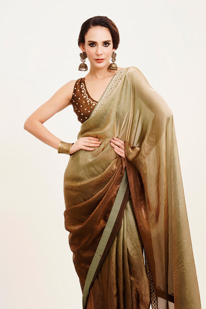 Green Beads And Stones Satin Saree With Blouse