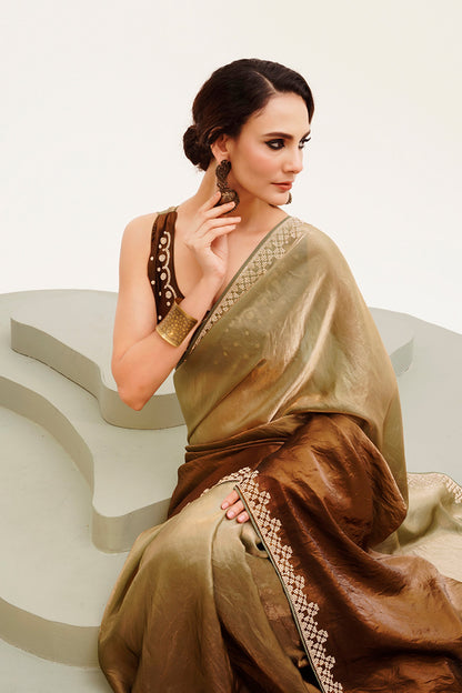 Green Beads And Stones Satin Saree With Blouse