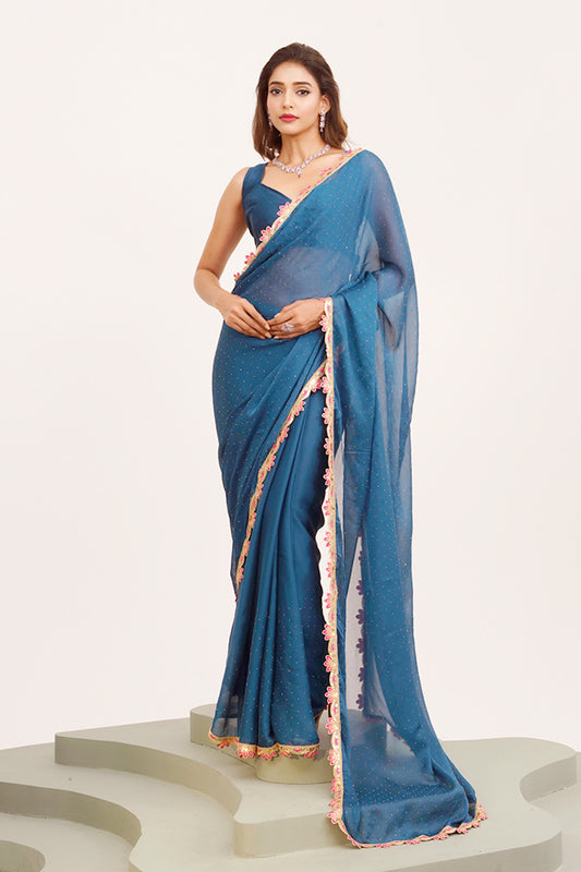 Teal Sequinned Chiffon Saree With Blouse