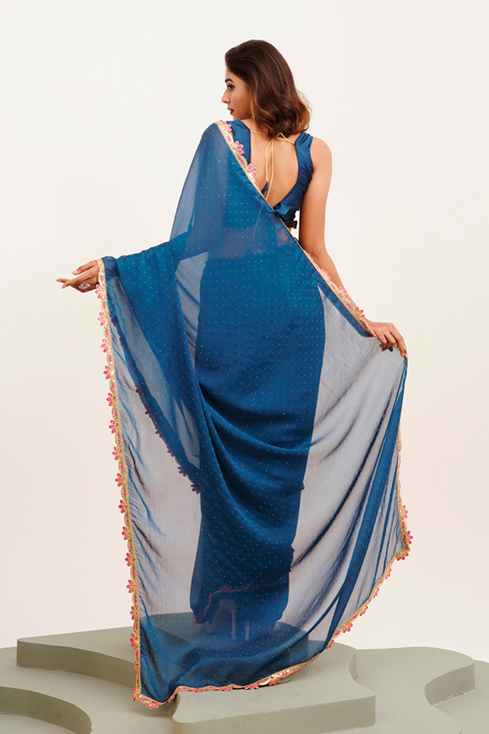 Teal Sequinned Chiffon Saree With Blouse