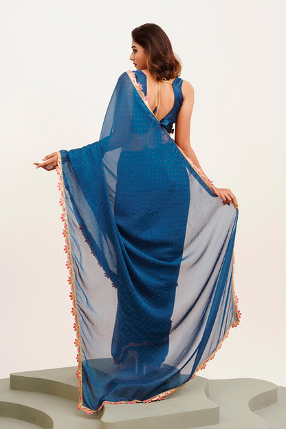 Teal Sequinned Chiffon Saree With Blouse