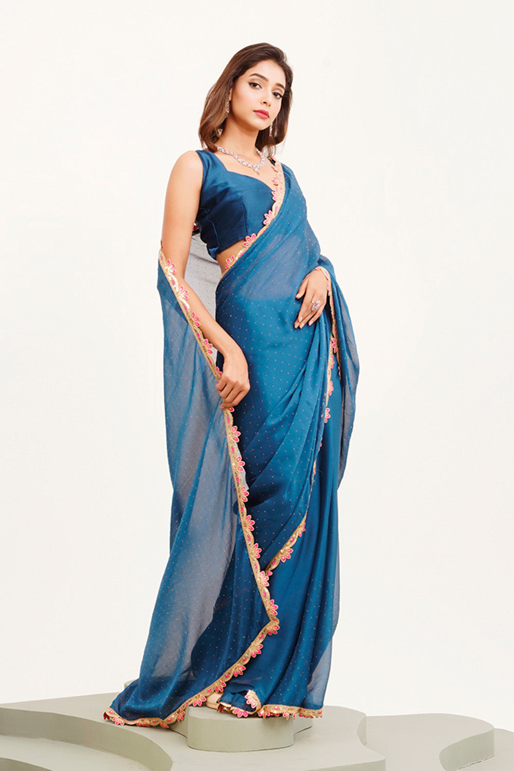 Teal Sequinned Chiffon Saree With Blouse