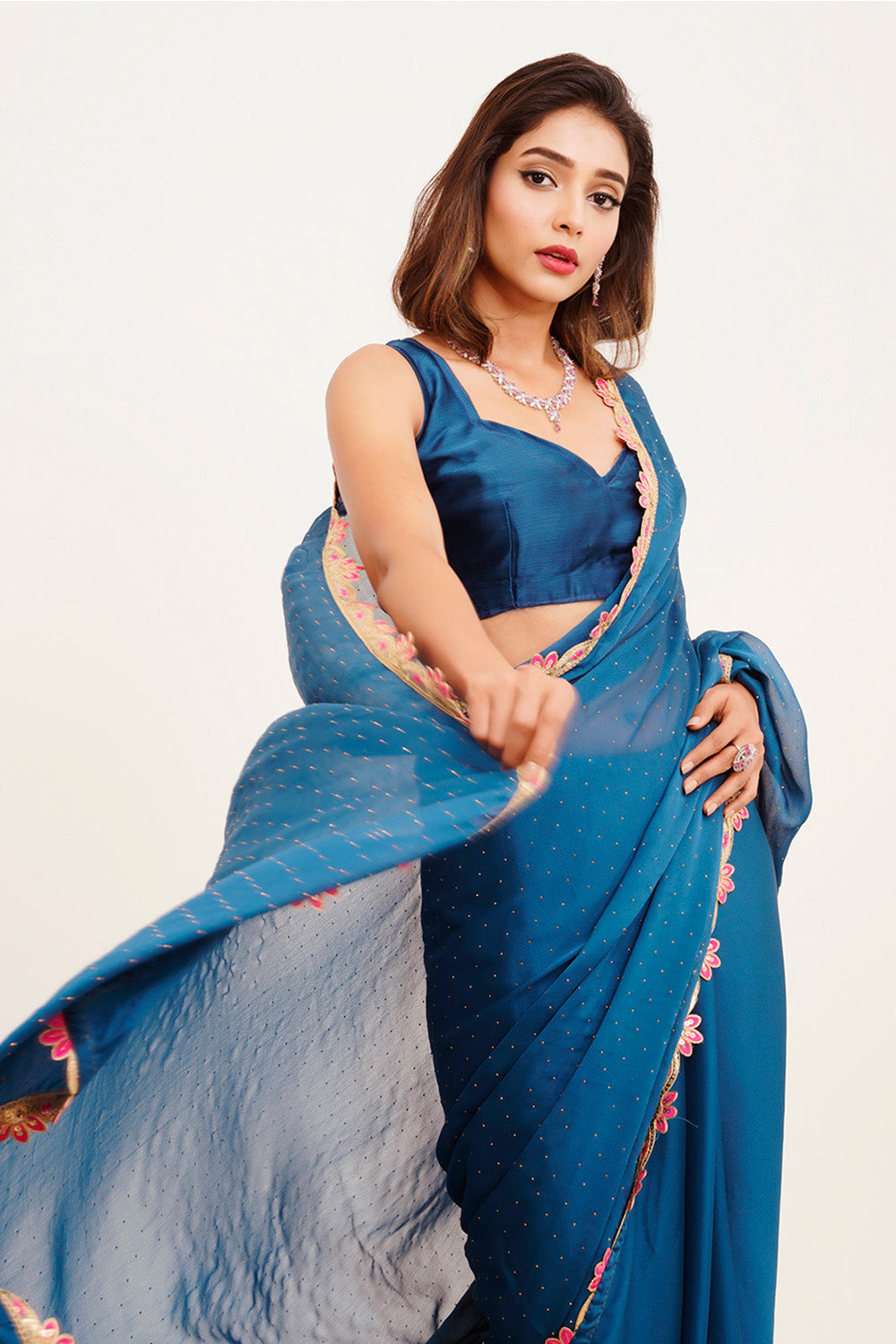 Teal Sequinned Chiffon Saree With Blouse