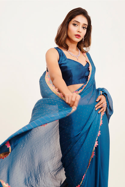 Teal Sequinned Chiffon Saree With Blouse