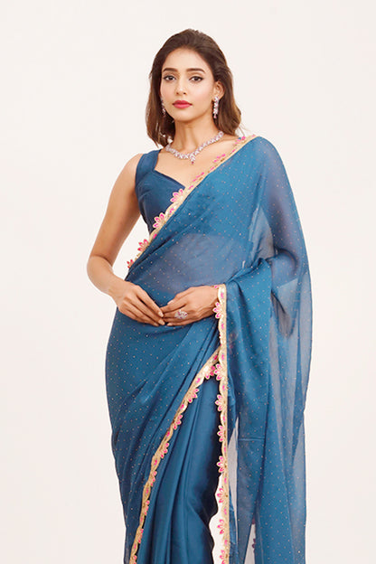 Teal Sequinned Chiffon Saree With Blouse
