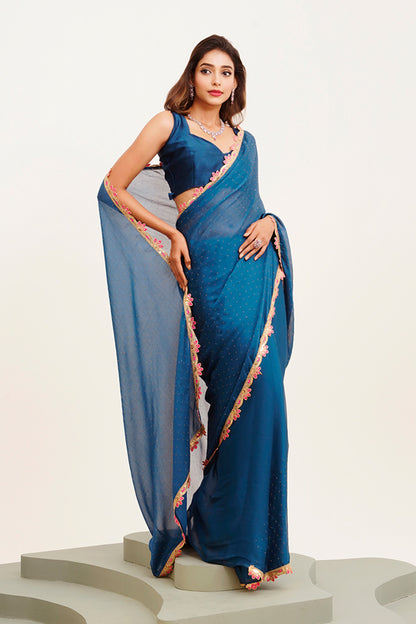 Teal Sequinned Chiffon Saree With Blouse