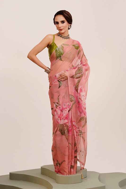 Pink Mirrorwork Floral Organza Saree With Blouse