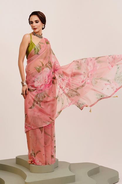 Pink Mirrorwork Floral Organza Saree With Blouse