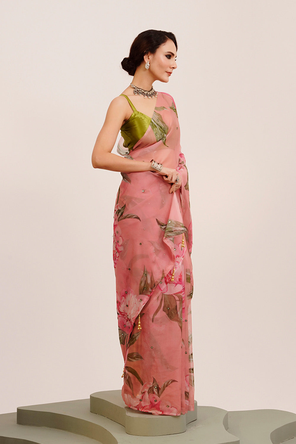 Pink Mirrorwork Floral Organza Saree With Blouse