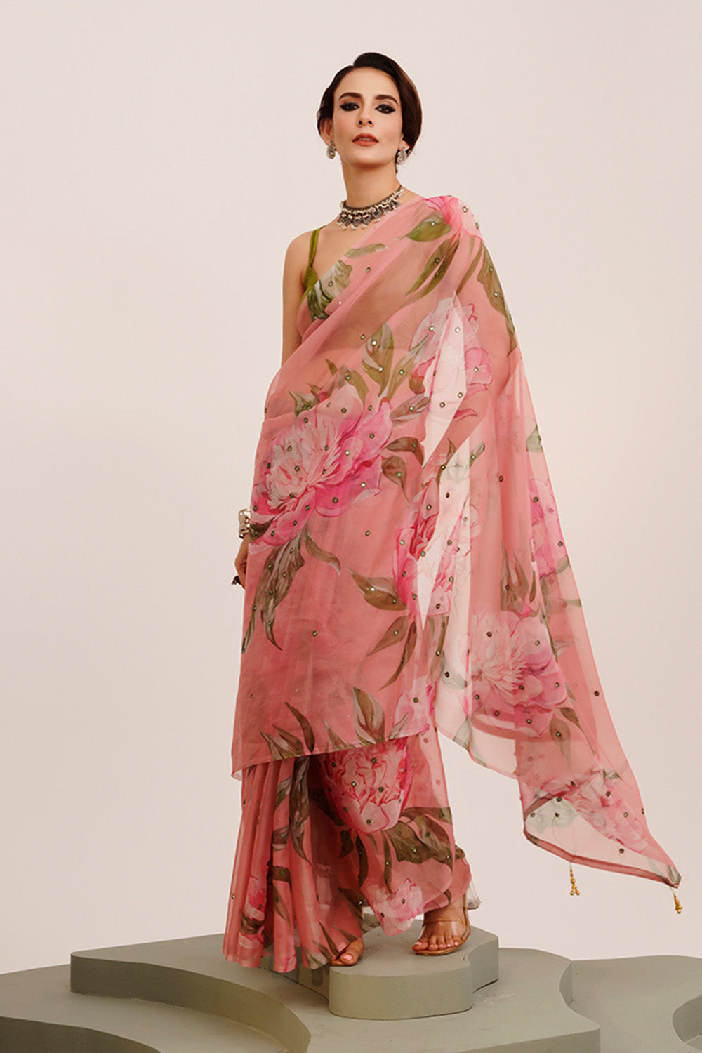 Pink Mirrorwork Floral Organza Saree With Blouse