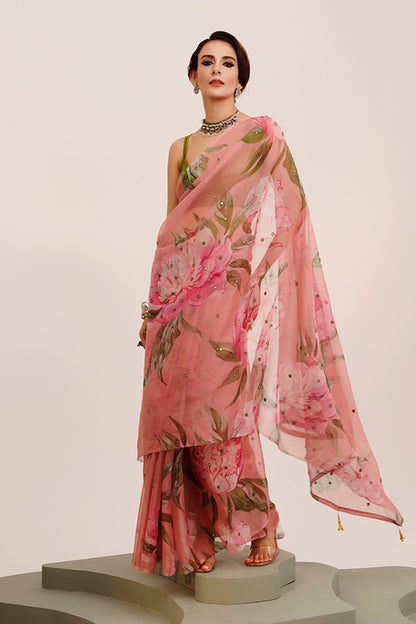 Pink Mirrorwork Floral Organza Saree With Blouse