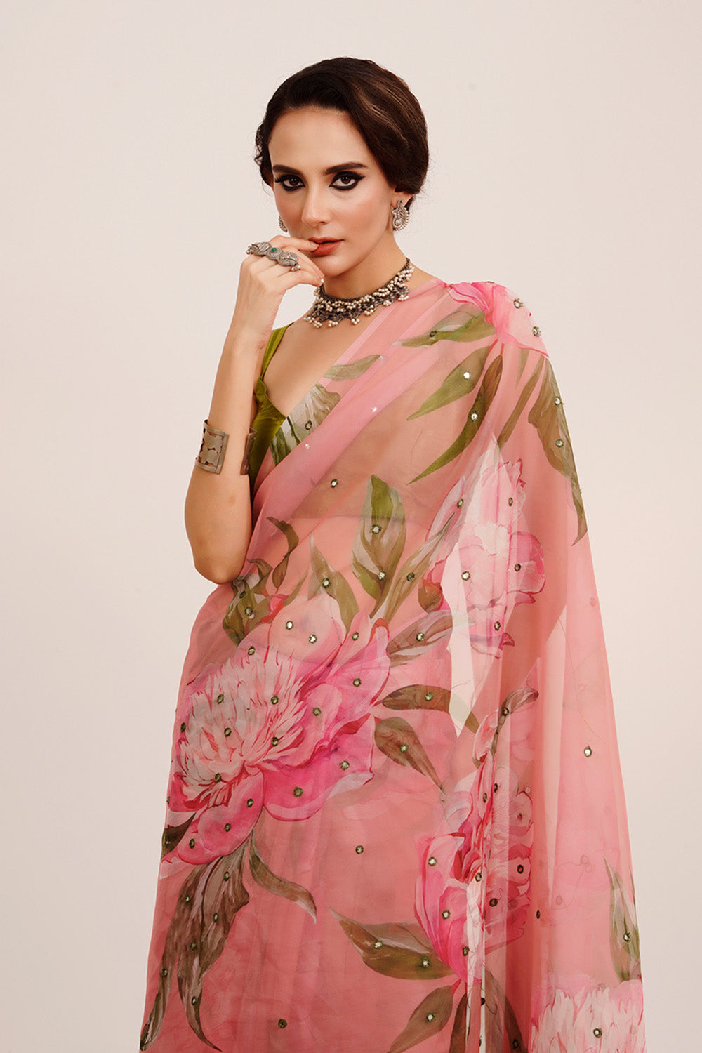 Pink Mirrorwork Floral Organza Saree With Blouse