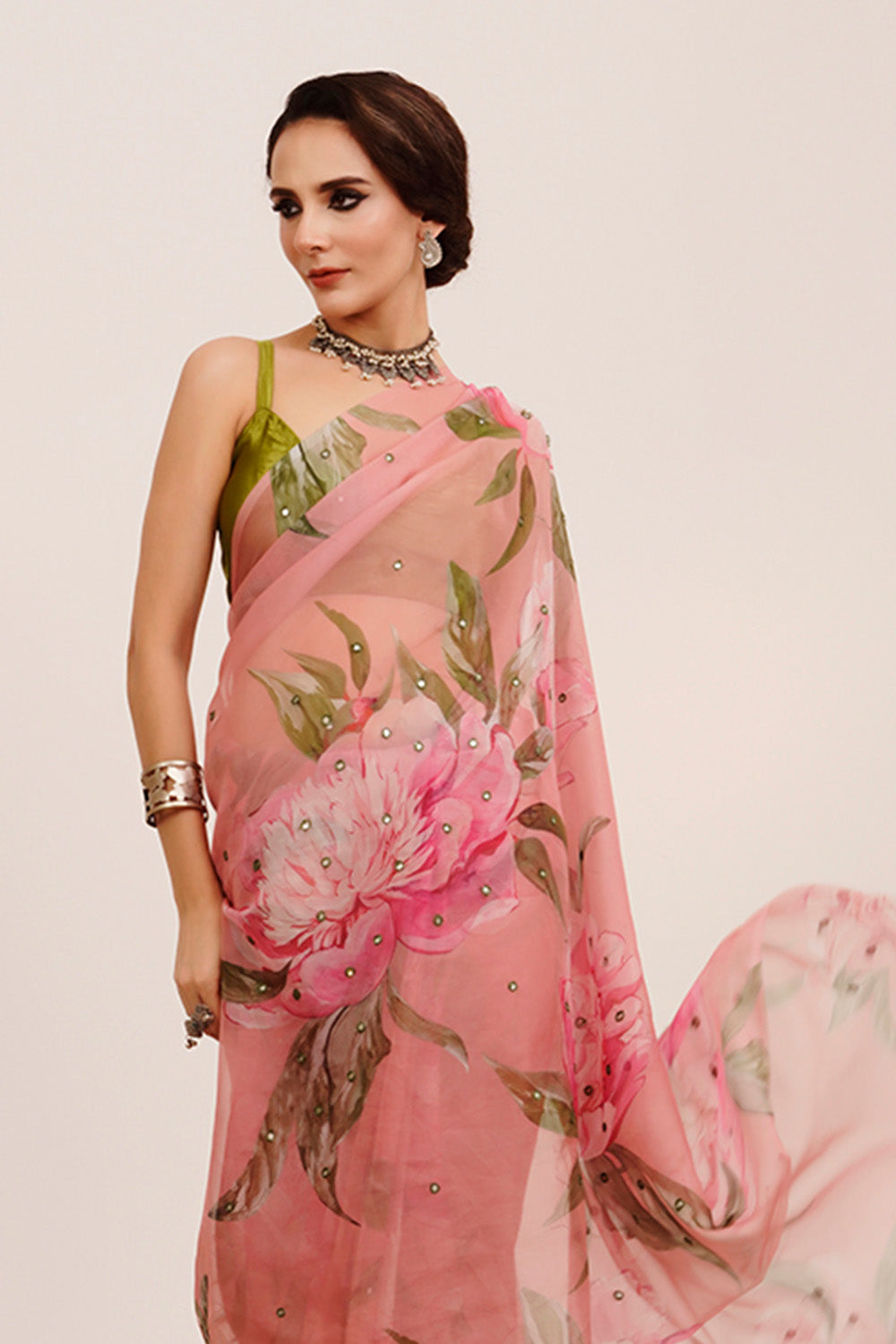 Pink Mirrorwork Floral Organza Saree With Blouse