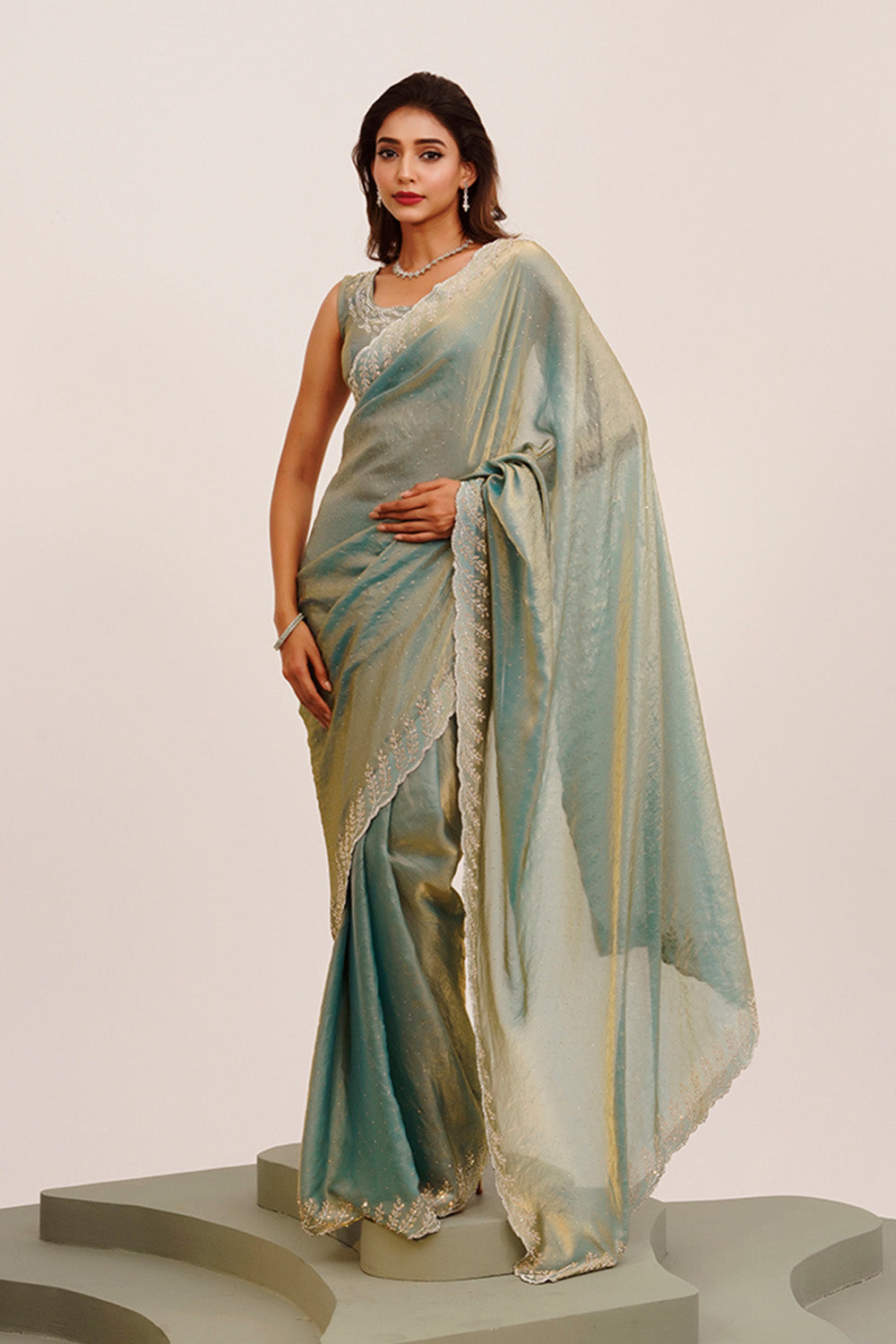 Metallic Beads And Stones Satin Saree With Blouse