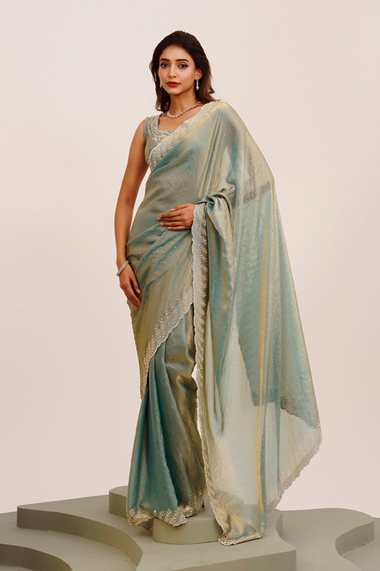 Metallic Beads And Stones Satin Saree With Blouse