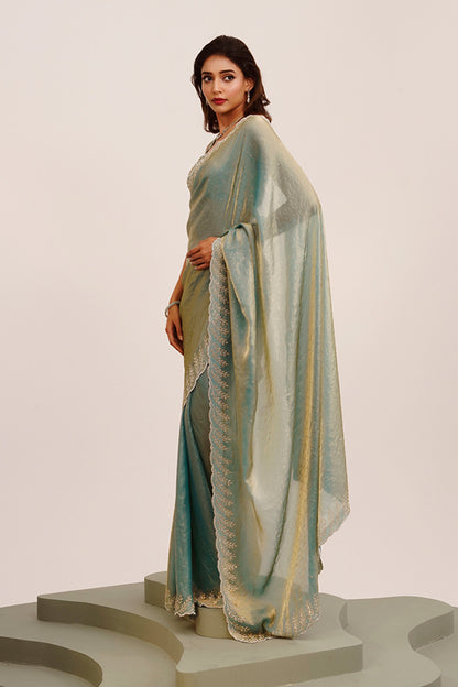 Metallic Beads And Stones Satin Saree With Blouse
