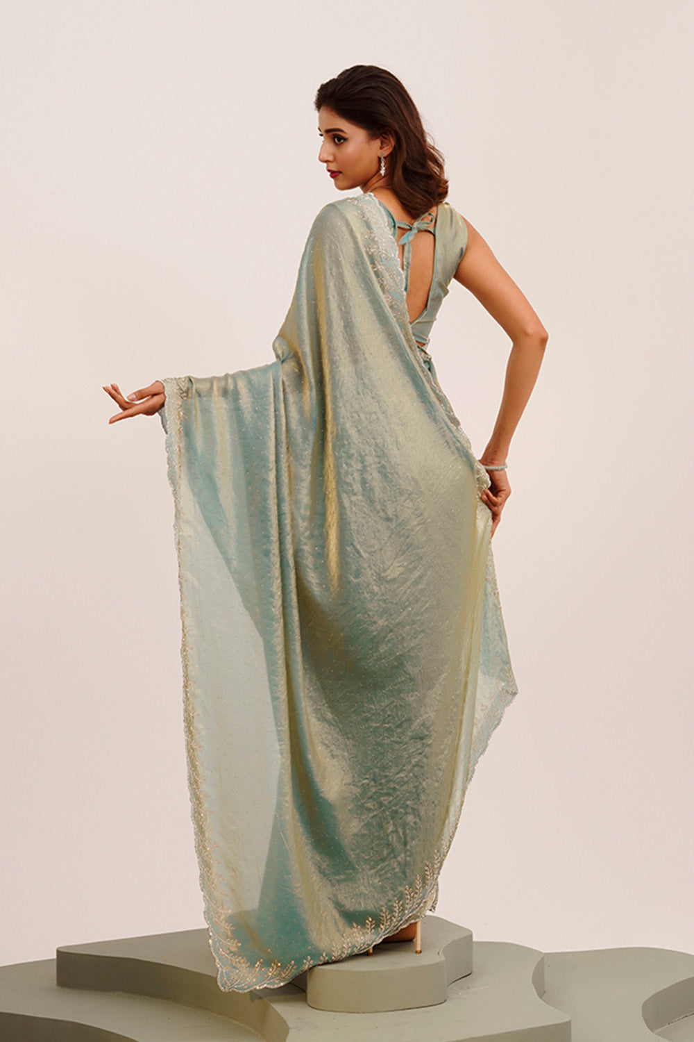 Metallic Beads And Stones Satin Saree With Blouse