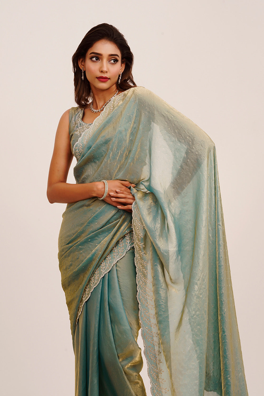 Metallic Beads And Stones Satin Saree With Blouse