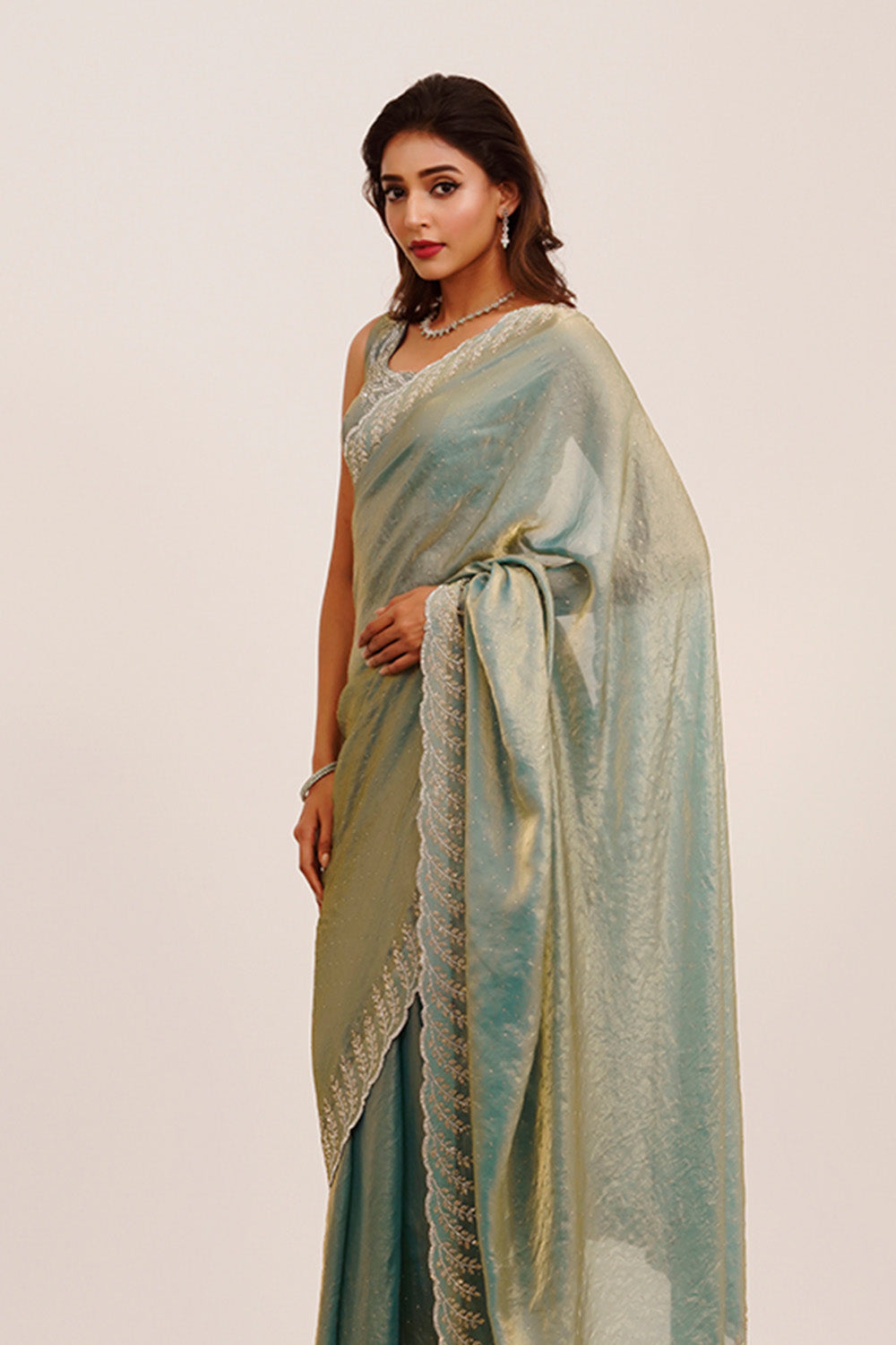 Metallic Beads And Stones Satin Saree With Blouse