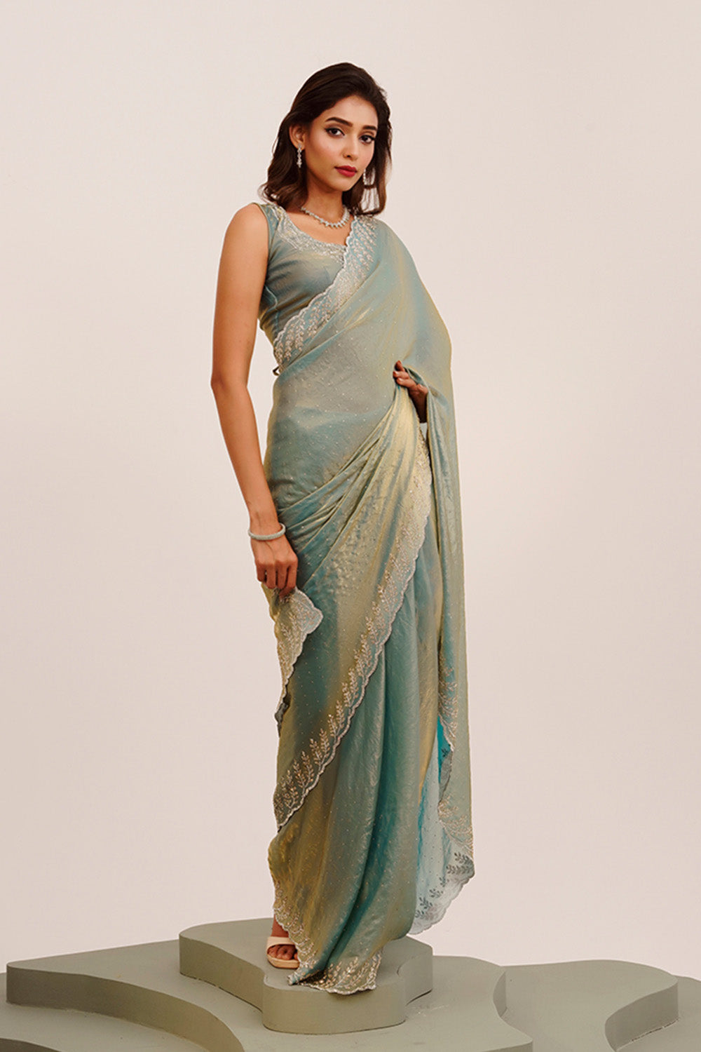 Metallic Beads And Stones Satin Saree With Blouse