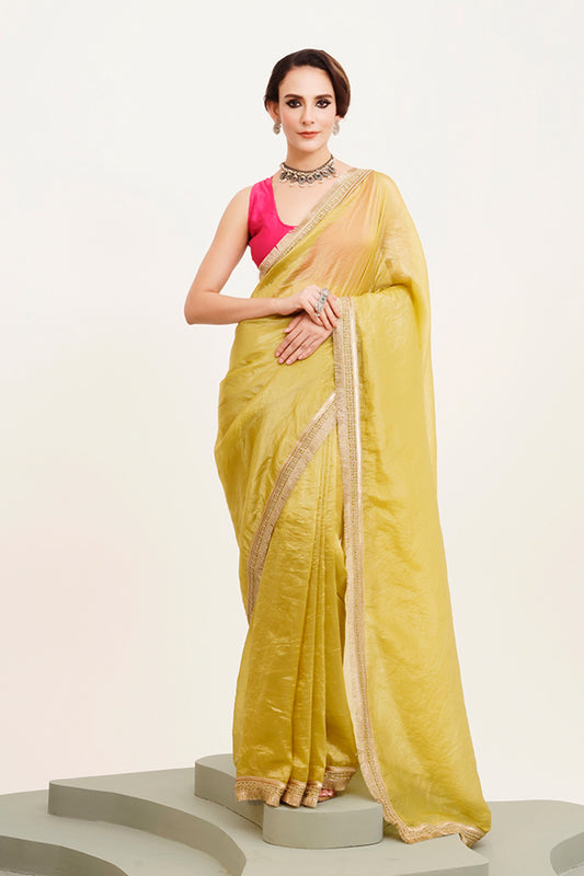 Lime Yellow Sequinned Saree With Blouse