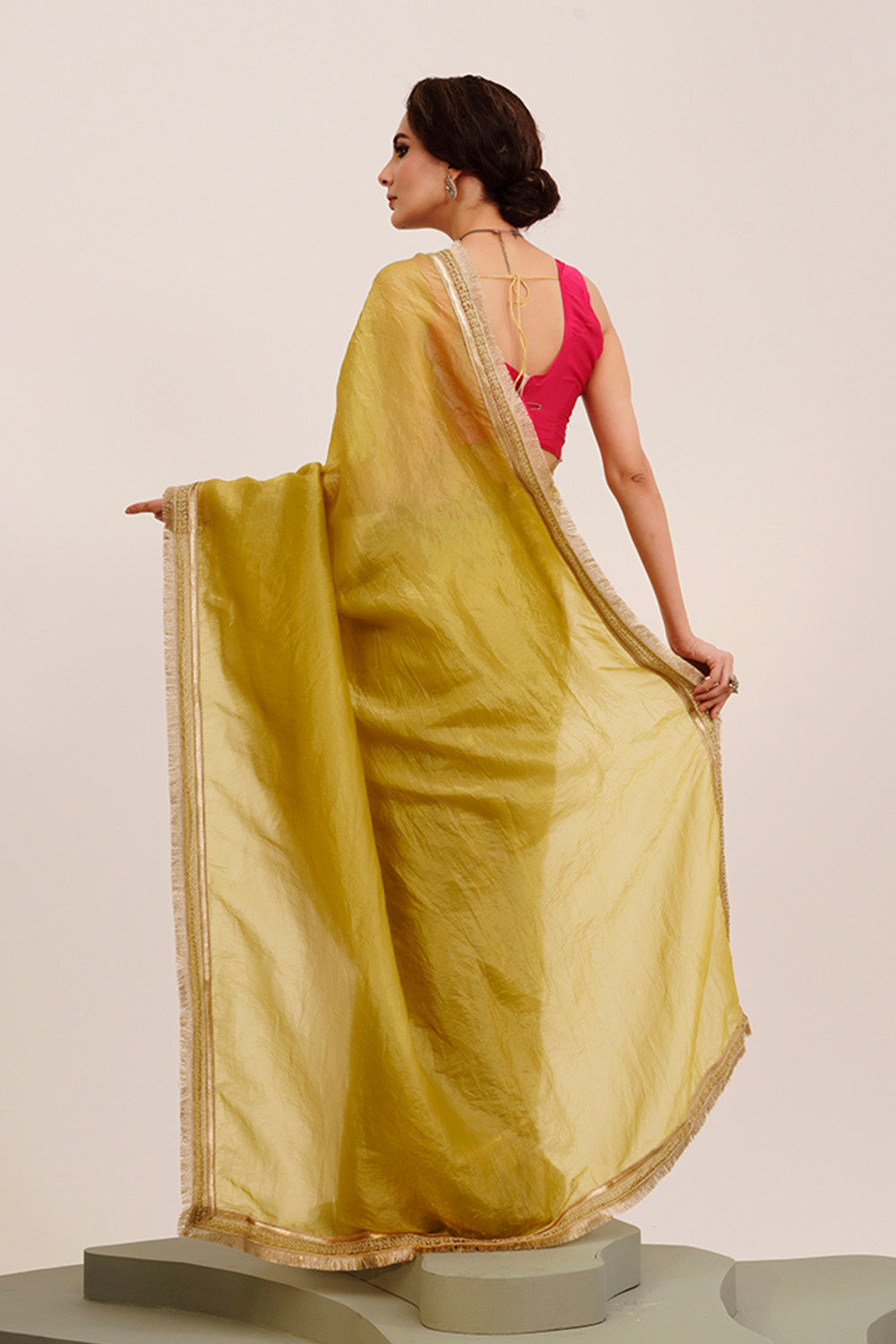 Lime Yellow Sequinned Saree With Blouse