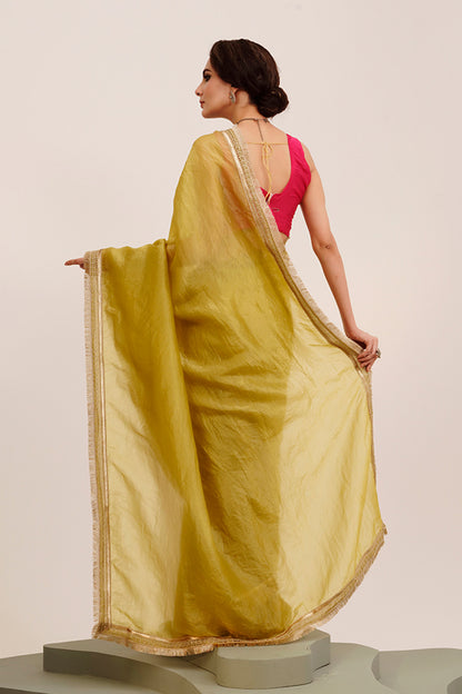 Lime Yellow Sequinned Saree With Blouse