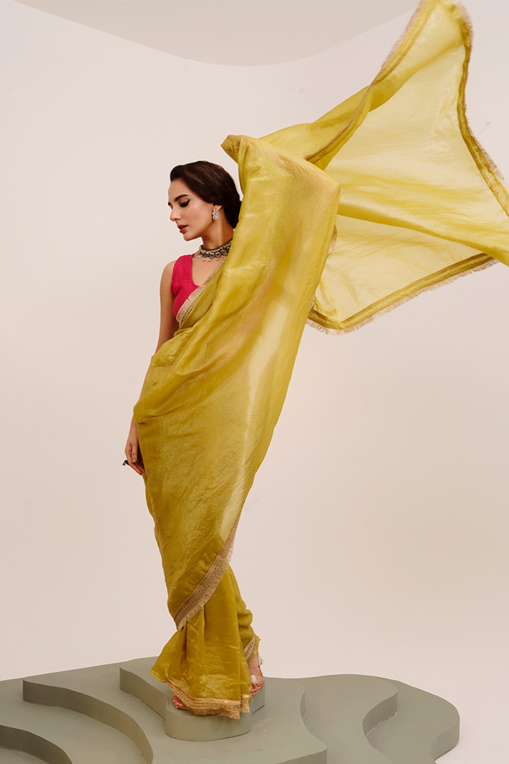 Lime Yellow Sequinned Saree With Blouse