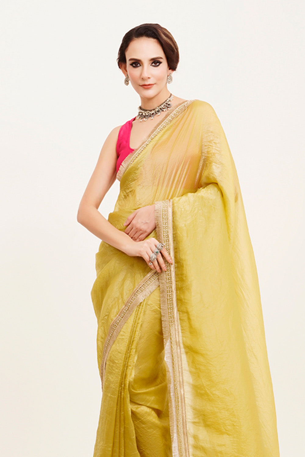 Lime Yellow Sequinned Saree With Blouse