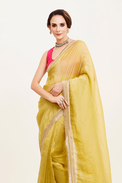Lime Yellow Sequinned Saree With Blouse