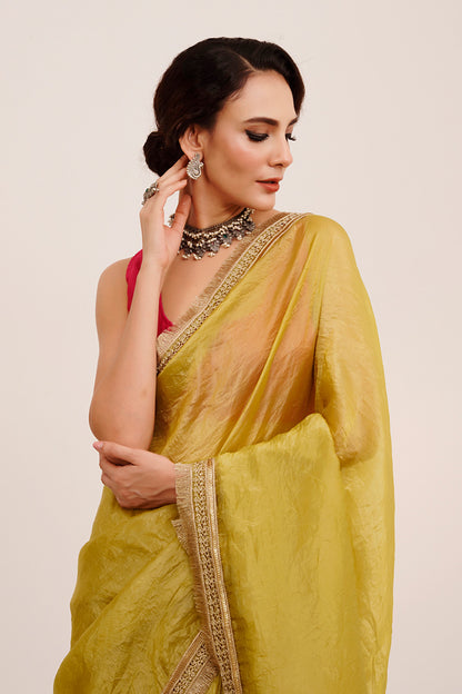 Lime Yellow Sequinned Saree With Blouse