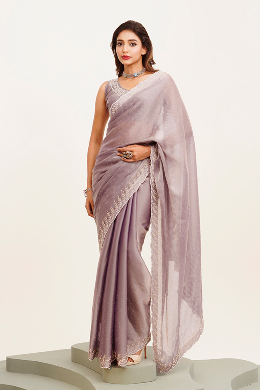 Lavender Beads And Stones Satin Saree With Blouse