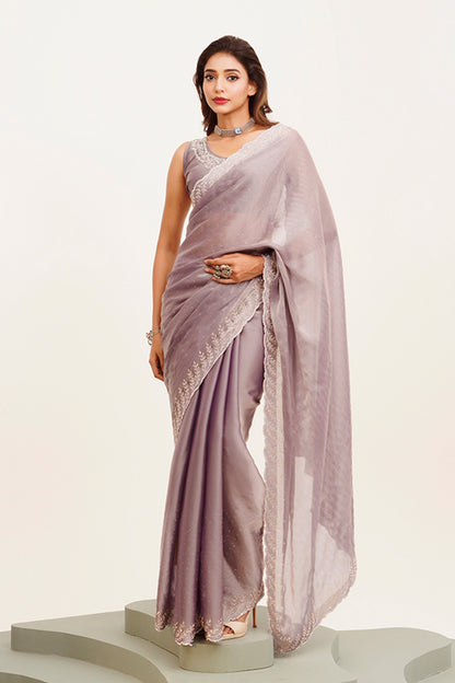 Lavender Beads And Stones Satin Saree With Blouse