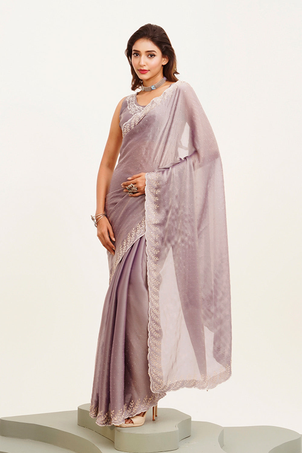 Lavender Beads And Stones Satin Saree With Blouse