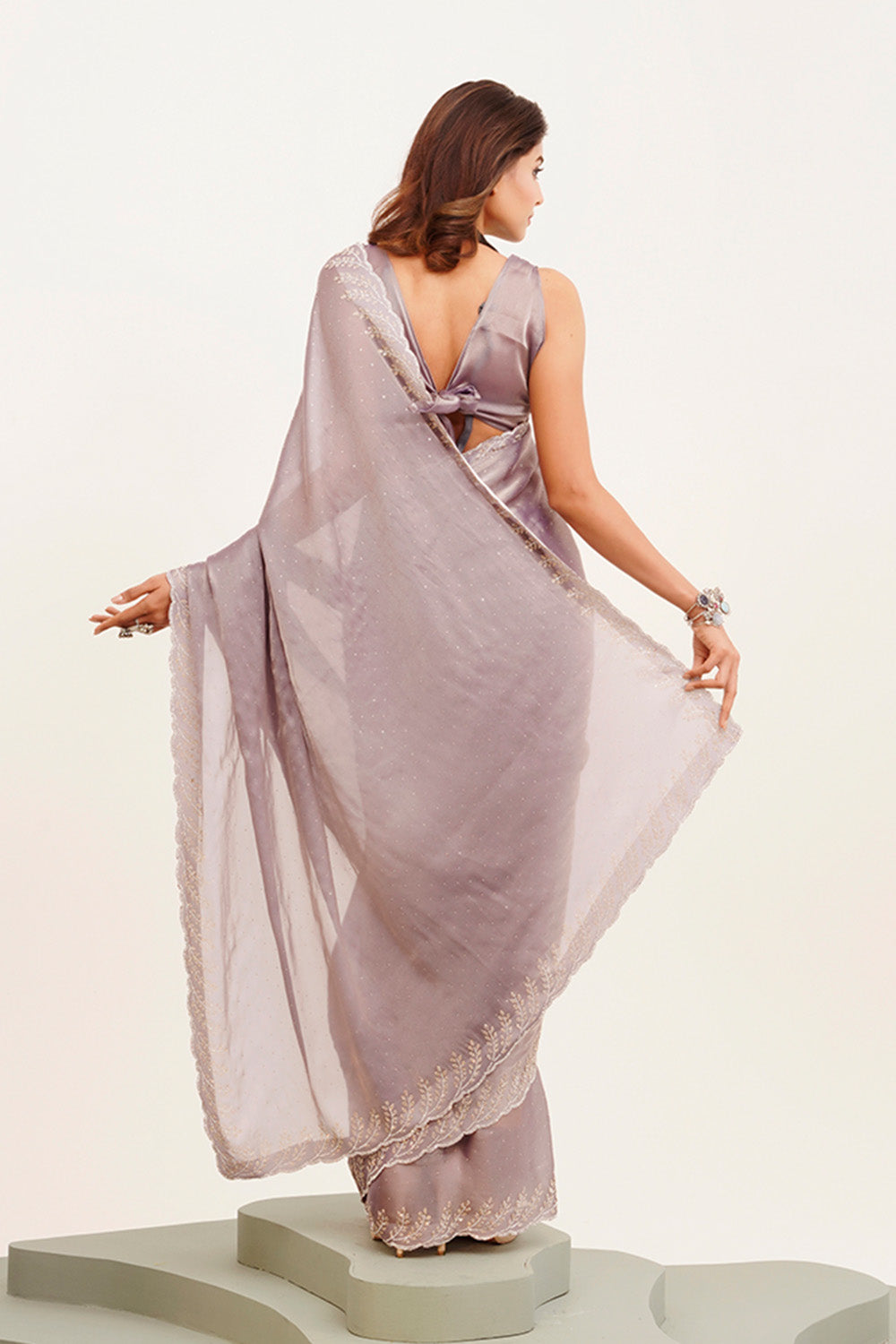 Lavender Beads And Stones Satin Saree With Blouse