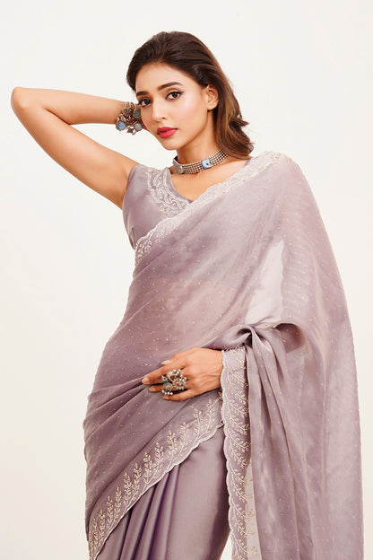 Lavender Beads And Stones Satin Saree With Blouse