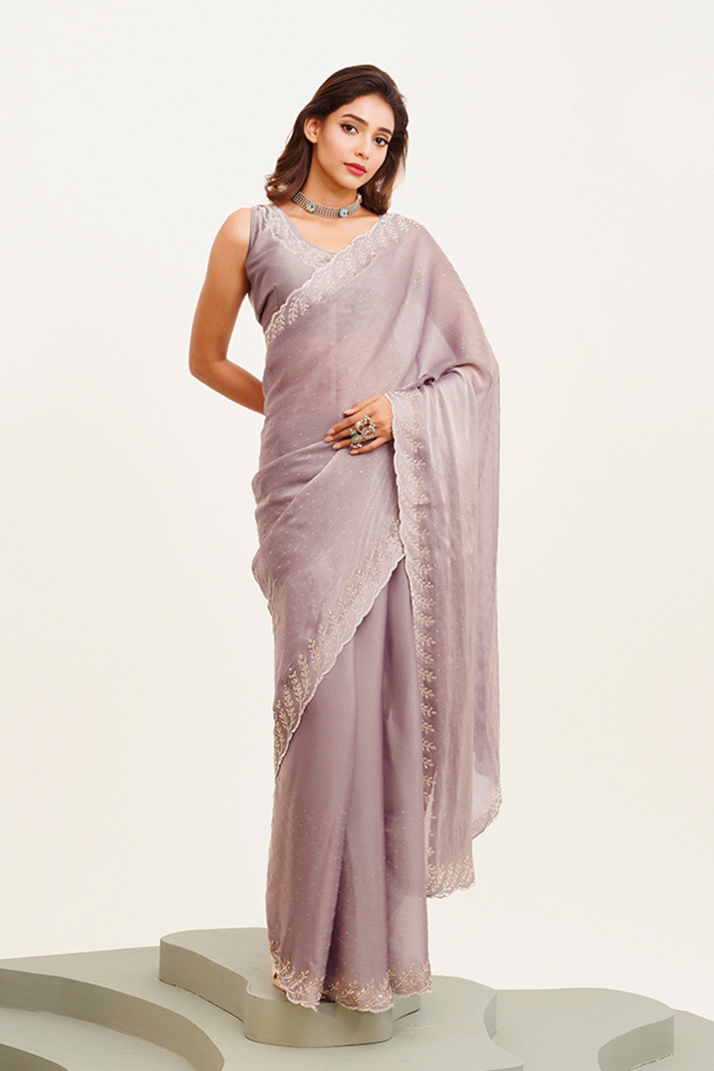 Lavender Beads And Stones Satin Saree With Blouse