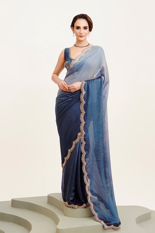 Blue Beads And Stones Satin Saree With Blouse
