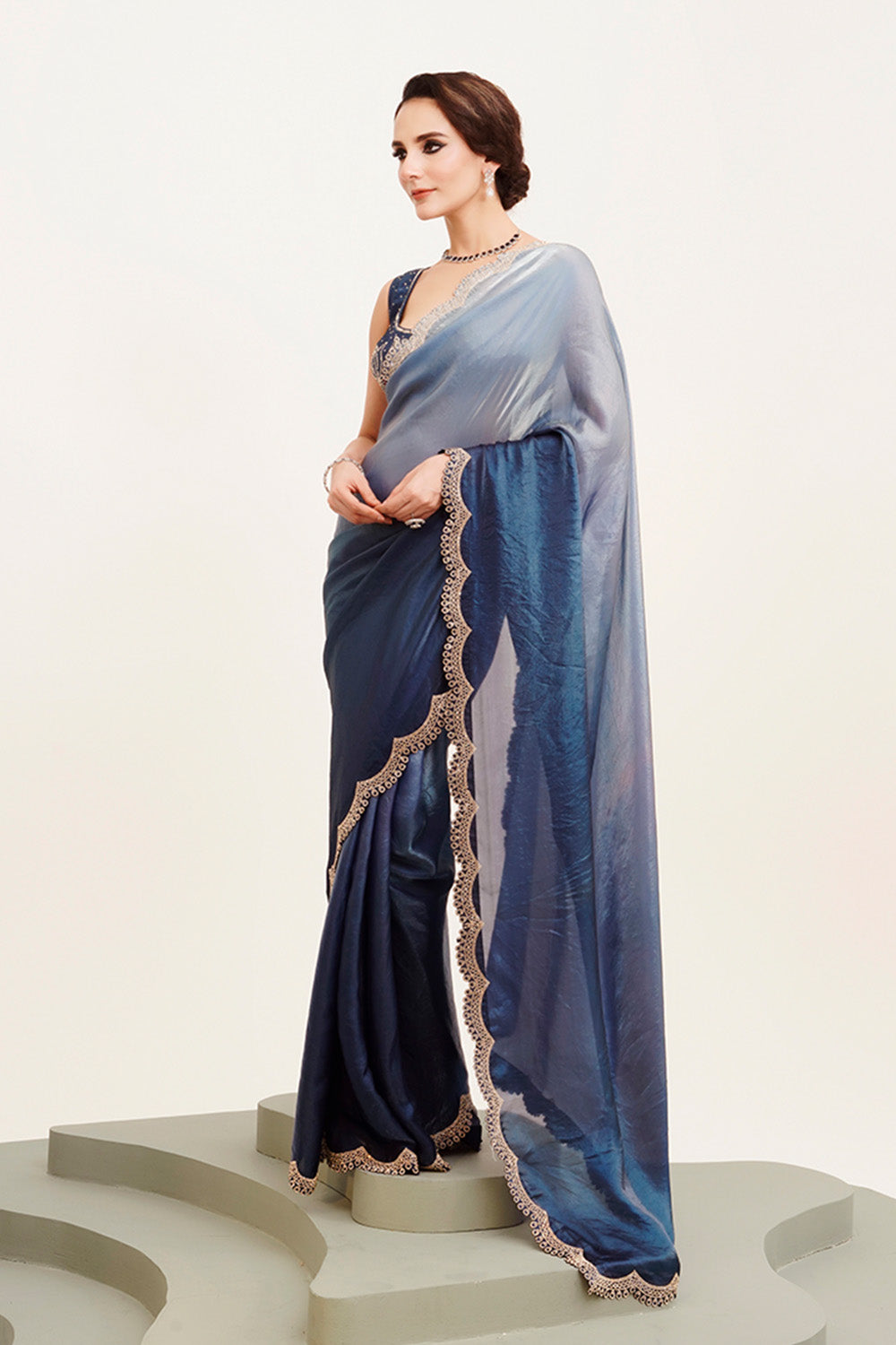 Blue Beads And Stones Satin Saree With Blouse